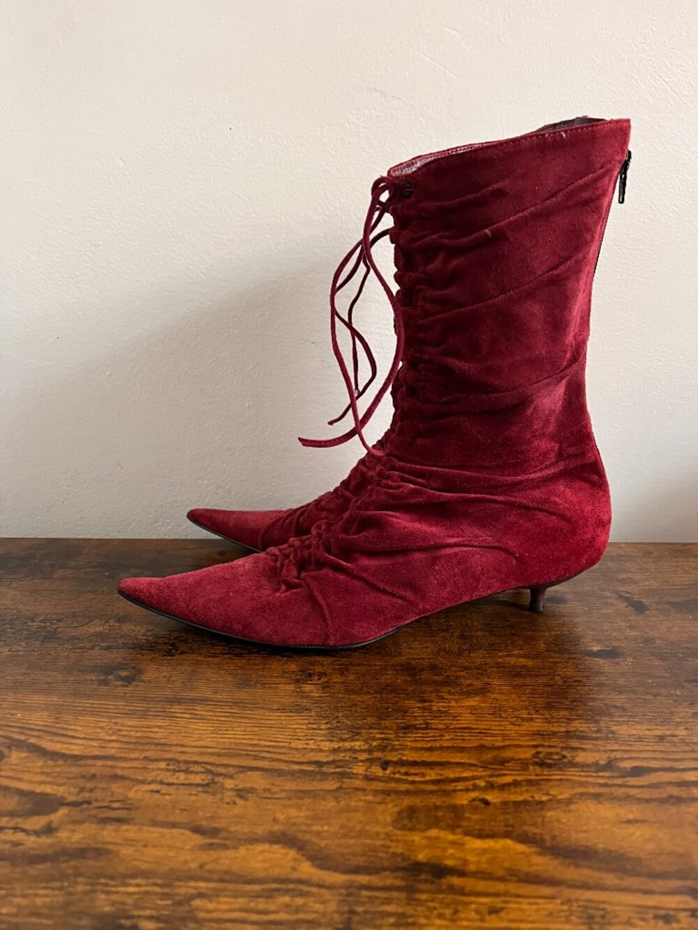 Planisphere Red Suede Ruched Kitten Heel Boots - Picture 2 of 5